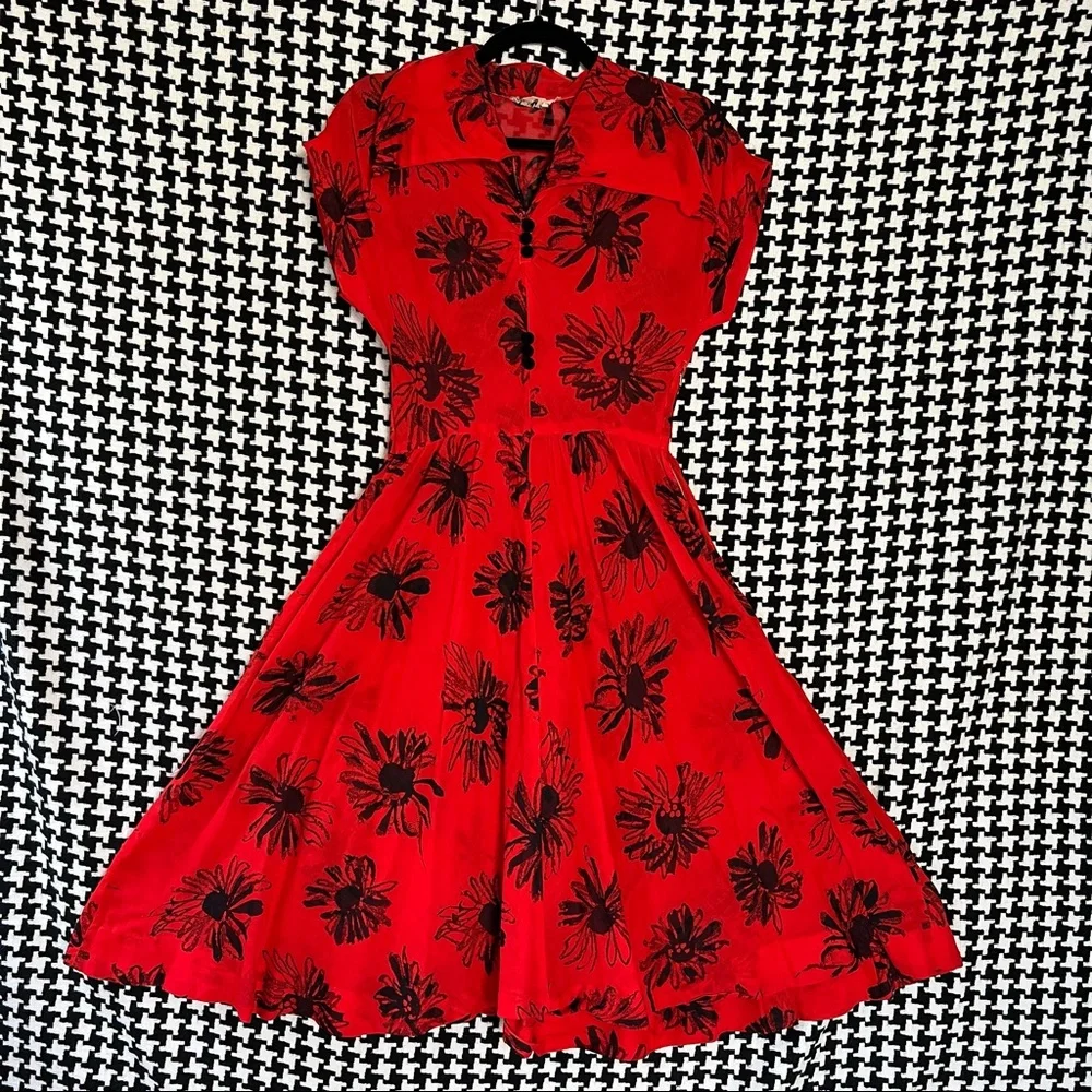 Vintage 1940s semi-sheer a-line red dress with allover black floral print. Small - Picture 1 of 15